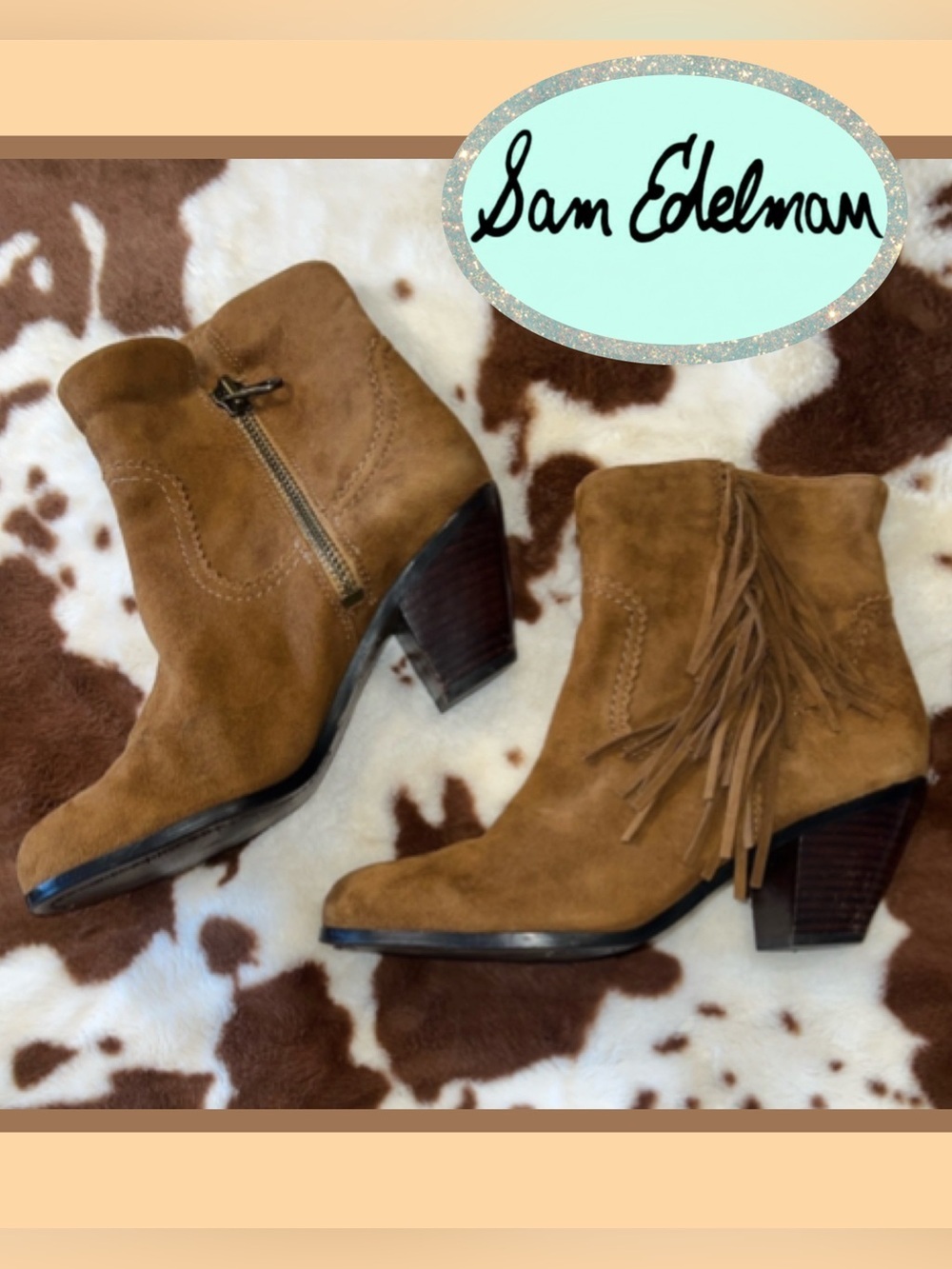 Sam Edelman Louie Suede Leather Fringe Booties Sz 8 Chestnut Brown Festival🎡